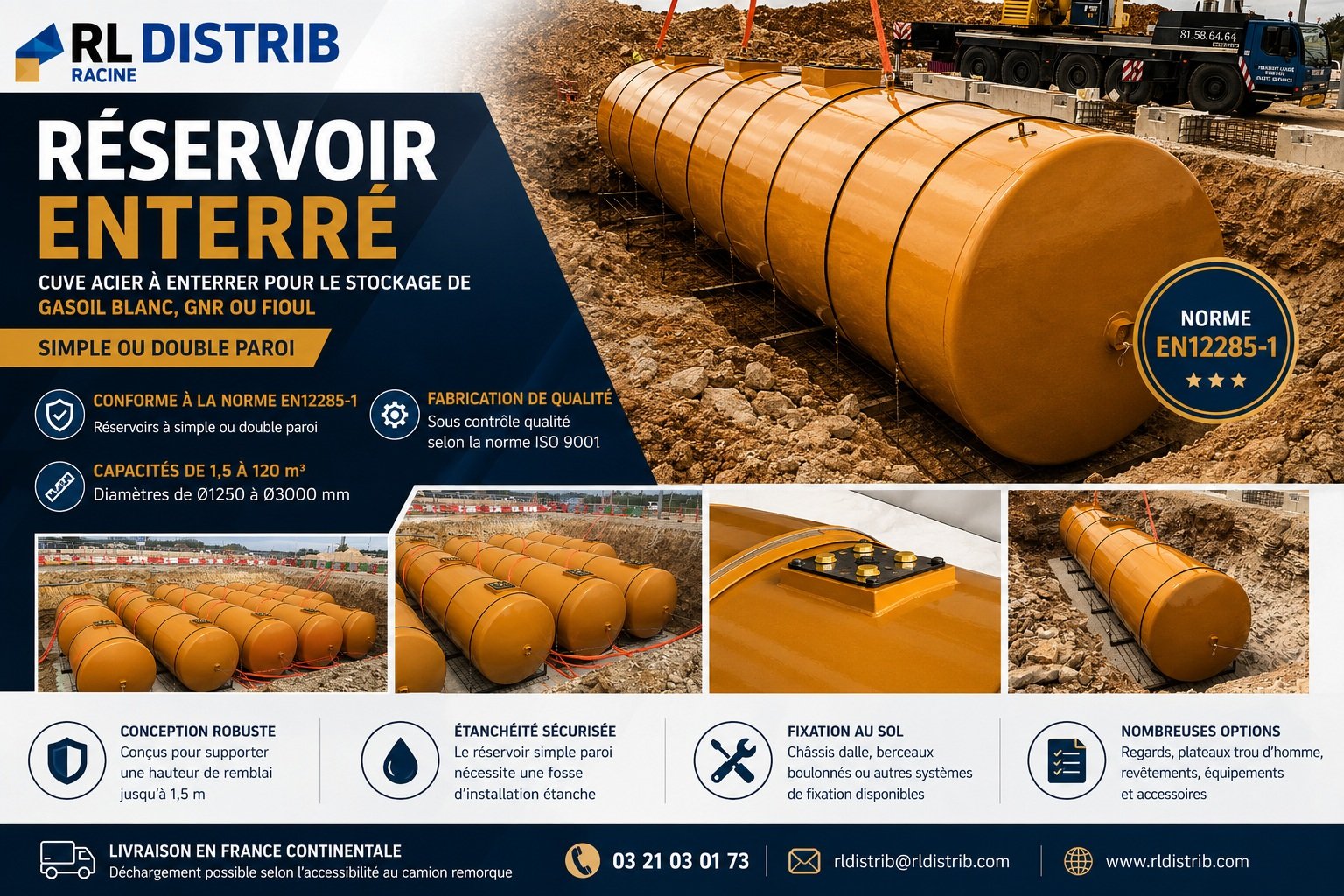 Cuve enterr&eacute;e acier double paroi 20000L conforme EN12285-1 pour Gasoil, GNR et Fioul. Fabrication ISO 9001. Livraison France continentale.